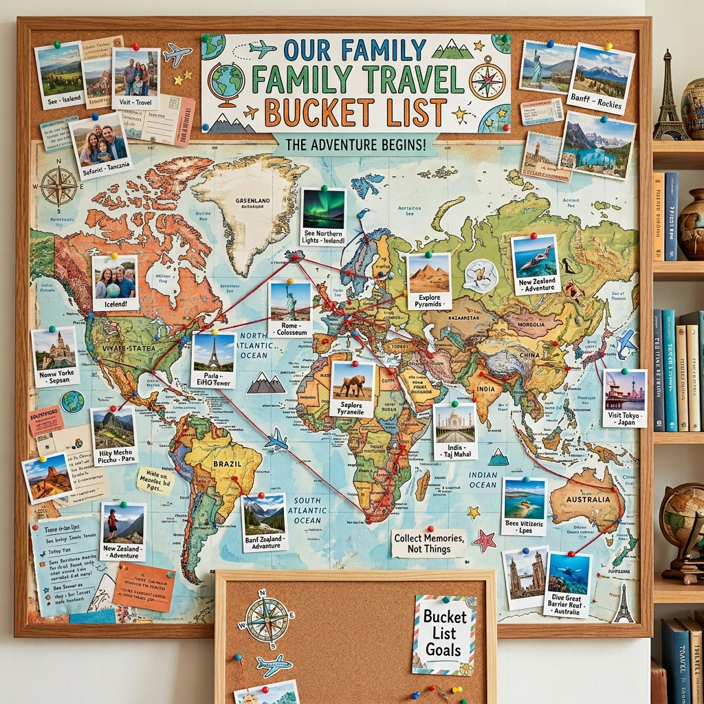 World map with pinned travel destinations and family photos labeled as travel bucket list